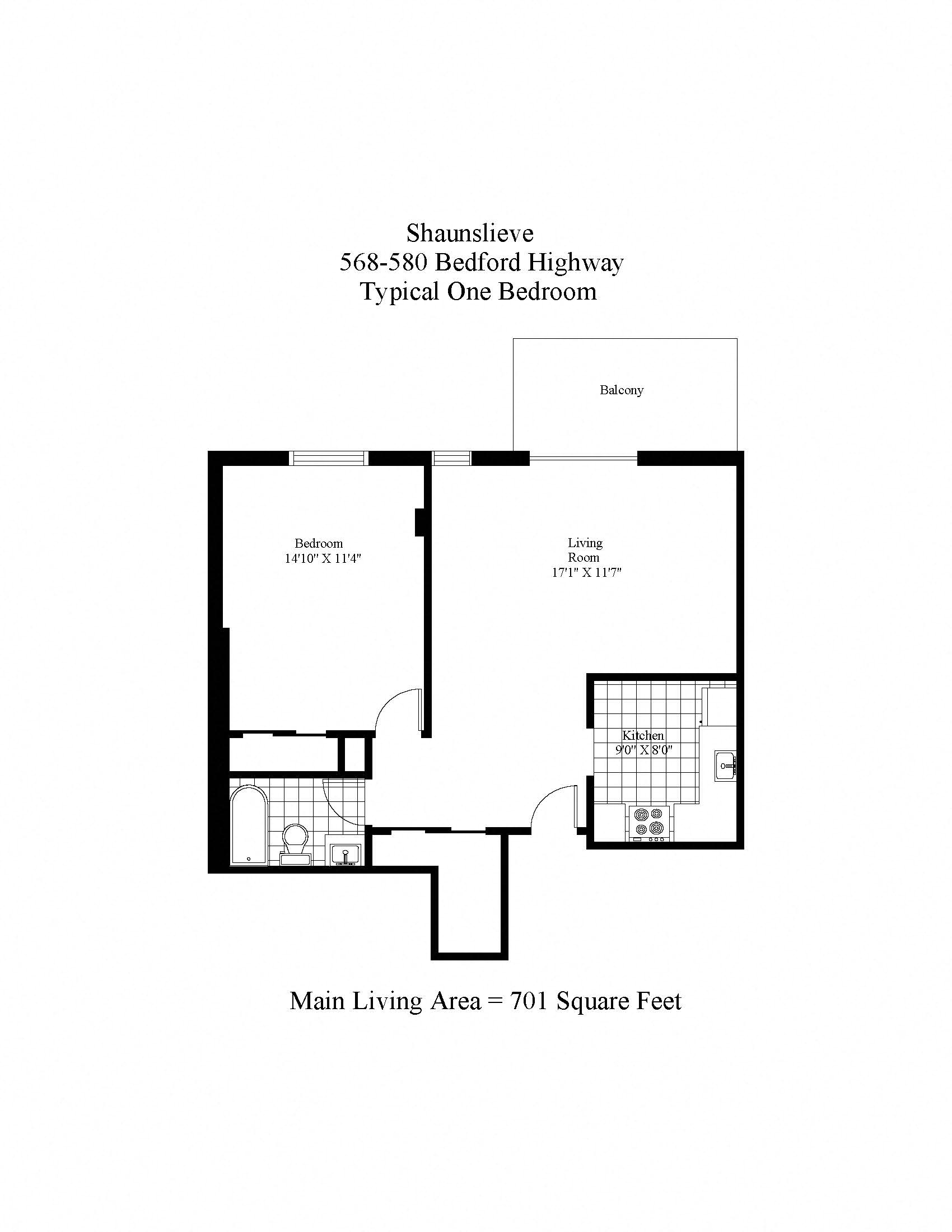 Floor plan for 1 bed, 1 bath, 701 sqft